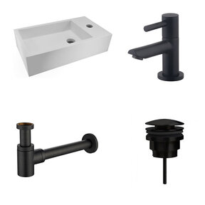 Fonteinset Nila Mat Zwart Solid Surface Rechts 40x22x10cm Toiletkraan Hendel Clickwaste Sifon