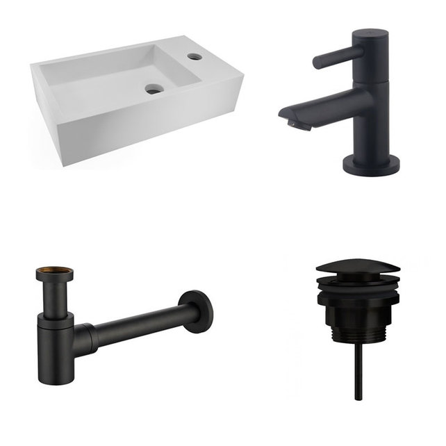 Fonteinset Nila Mat Zwart Solid Surface Rechts 40x22x10cm Toiletkraan Hendel Clickwaste Sifon
