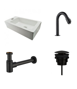 Wiesbaden Fonteinset Rhea Mat Zwart Rechthoek Links 36.5x18x9cm Toiletkraan knop Clickwaste Sifon