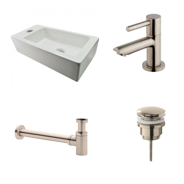 Fonteinset Rhea Rechthoek Links 36.5x18x9cm Toiletkraan Clickwaste Sifon RVS