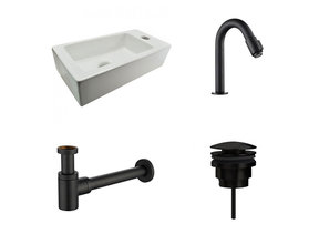 Fonteinset Rhea Rechthoek Rechts 36.5x18x9cm Toiletkraan Knop Clickwaste Sifon Mat Zwart