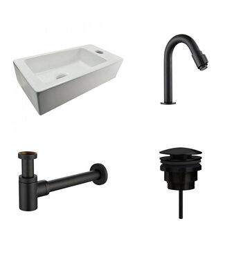 Wiesbaden Fonteinset Rhea Rechthoek Rechts 36.5x18x9cm Toiletkraan Knop Clickwaste Sifon Mat Zwart