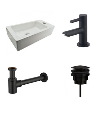 Wiesbaden Fonteinset Rhea Rechthoek Rechts 36.5x18x9cm Toiletkraan Hendel Clickwaste Sifon Mat Zwart