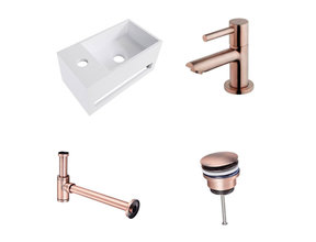 Fonteinset Yano Solid Surface Links 36x20x16cm Toiletkraan Clickwaste Sifon Koper