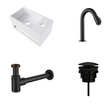 Fonteinset Yano Solid Surface Rechts 36x20x16cm Toiletkraan Knop Clickwaste Sifon Mat Zwart