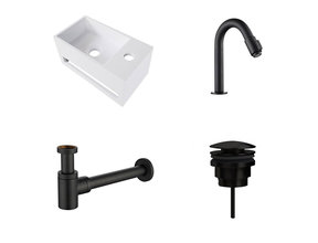 Fonteinset Yano Solid Surface Rechts 36x20x16cm Toiletkraan Knop Clickwaste Sifon Mat Zwart
