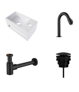 Fonteinset Yano Solid Surface Rechts 36x20x16cm Toiletkraan Knop Clickwaste Sifon Mat Zwart