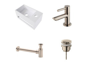 Fonteinset Yano Solid Surface Rechts 36x20x16cm Toiletkraan Clickwaste Sifon RVS