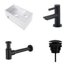 Fonteinset Yano Solid Surface Rechts 36x20x16cm Toiletkraan Hendel Clickwaste Sifon Mat Zwart