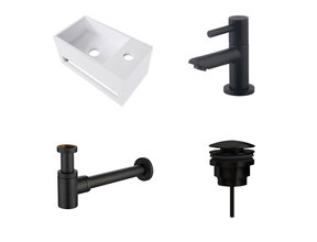 Fonteinset Yano Solid Surface Rechts 36x20x16cm Toiletkraan Hendel Clickwaste Sifon Mat Zwart