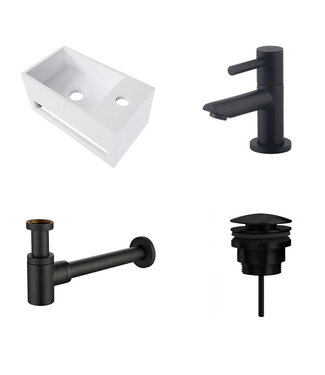 Fonteinset Yano Solid Surface Rechts 36x20x16cm Toiletkraan Hendel Clickwaste Sifon Mat Zwart