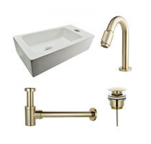 Fonteinset Rhea Rechthoek Rechts 36.5x18x9cm Toiletkraan Knop Clickwaste Sifon Geborsteld Goud