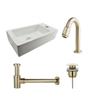 Fonteinset Rhea Rechthoek Rechts 36.5x18x9cm Toiletkraan Knop Clickwaste Sifon Geborsteld Goud