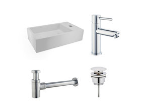 Fonteinset Nila Chroom Solid Surface Mat Wit Rechts 40x22x10cm Toiletkraan Hendel Clickwaste Sifon Chroom