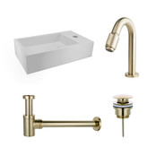 Fonteinset Nila Geborsteld Goud Solid Surface Mat Wit Rechts 40x22x10cm Toiletkraan Knop Clickwaste Sifon Geborsteld Goud