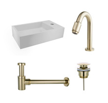 Fonteinset Nila Geborsteld Goud Solid Surface Mat Wit Rechts 40x22x10cm Toiletkraan Knop Clickwaste Sifon Geborsteld Goud