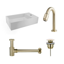 Fonteinset Nila Geborsteld Goud Solid Surface Mat Wit Rechts 40x22x10cm Toiletkraan Knop Clickwaste Sifon Geborsteld Goud