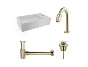 Fonteinset Nila Geborsteld Goud Solid Surface Mat Wit Rechts 40x22x10cm Toiletkraan Knop Clickwaste Sifon Geborsteld Goud