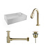 Fonteinset Nila Geborsteld Goud Solid Surface Mat Wit Rechts 40x22x10cm Toiletkraan Knop Clickwaste Sifon Geborsteld Goud