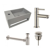 Fonteinset Sima Solid Surface Links 35.6x20.3x15.9cm Toiletkraan Hendel Clickwaste Sifon Geborsteld RVS/Betonlook