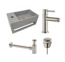 Fonteinset Sima Solid Surface Links 35.6x20.3x15.9cm Toiletkraan Hendel Clickwaste Sifon Geborsteld RVS/Betonlook