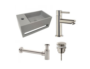 Fonteinset Sima Solid Surface Links 35.6x20.3x15.9cm Toiletkraan Hendel Clickwaste Sifon Geborsteld RVS/Betonlook