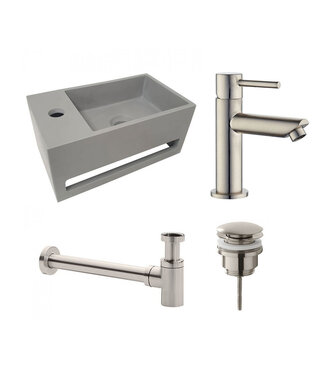 Fonteinset Sima Solid Surface Links 35.6x20.3x15.9cm Toiletkraan Hendel Clickwaste Sifon Geborsteld RVS/Betonlook