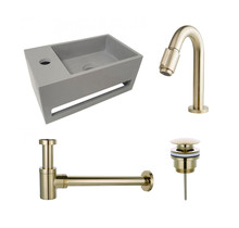 Fonteinset Sima Solid Surface Links 35.6x20.3x15.9cm Toiletkraan Knop Clickwaste Sifon Geborsteld Goud/Betonlook