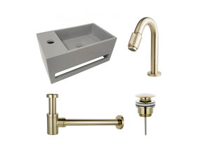 Fonteinset Sima Solid Surface Links 35.6x20.3x15.9cm Toiletkraan Knop Clickwaste Sifon Geborsteld Goud/Betonlook