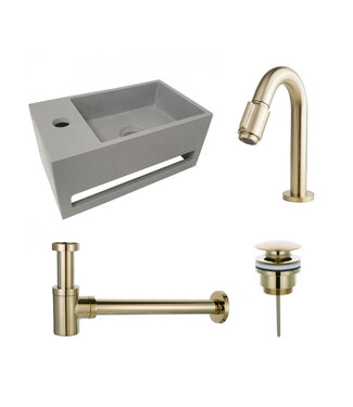 Fonteinset Sima Solid Surface Links 35.6x20.3x15.9cm Toiletkraan Knop Clickwaste Sifon Geborsteld Goud/Betonlook
