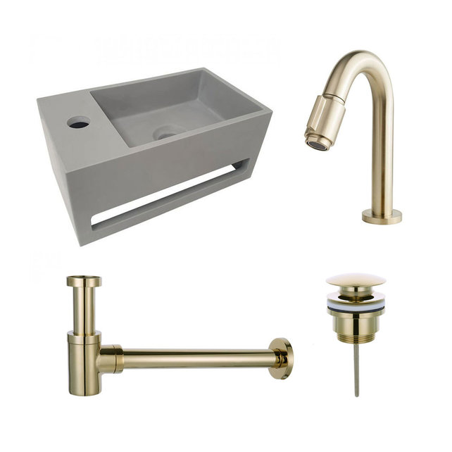 Fonteinset Sima Solid Surface Links 35.6x20.3x15.9cm Toiletkraan Knop Clickwaste Sifon Geborsteld Goud/Betonlook Fonteinset Sima Solid Surface Links 35.6x20.3x15.9cm Toiletkraan Knop Clickwaste Sifon Geborsteld Goud/Betonlook