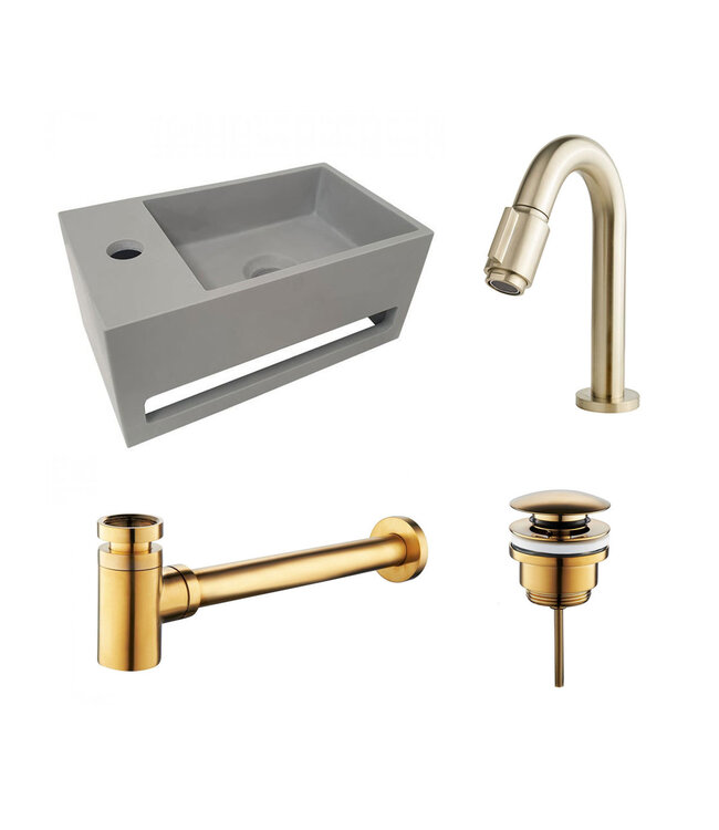 Fonteinset Sima Solid Surface Links 35.6x20.3x15.9cm Toiletkraan Knop Clickwaste Sifon Geborsteld Goud/Betonlook
