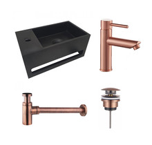 Fonteinset Sima Solid Surface Mat Zwart Links 35.6x20.3x15.9cm Toiletkraan Hendel Clickwaste Sifon Geborsteld Koper