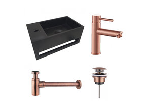 Fonteinset Sima Solid Surface Mat Zwart Links 35.6x20.3x15.9cm Toiletkraan Hendel Clickwaste Sifon Geborsteld Koper