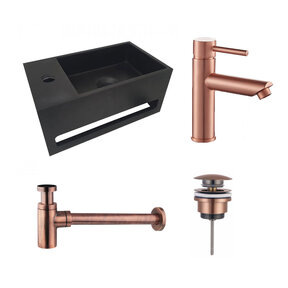 Fonteinset Sima Solid Surface Mat Zwart Links 35.6x20.3x15.9cm Toiletkraan Hendel Clickwaste Sifon Geborsteld Koper