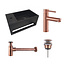 Fonteinset Sima Solid Surface Mat Zwart Links 35.6x20.3x15.9cm Toiletkraan Hendel Clickwaste Sifon Geborsteld Koper