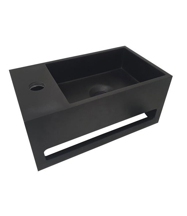 Fonteinset Sima Solid Surface Mat Zwart Links 35.6x20.3x15.9cm Toiletkraan Hendel Clickwaste Sifon Geborsteld Koper