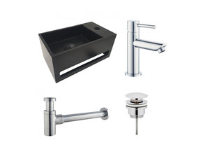 Fonteinset Sima Chroom Solid Surface Mat Zwart Rechts 35.6x20.3x15.9cm Toiletkraan Hendel Clickwaste Sifon Chroom