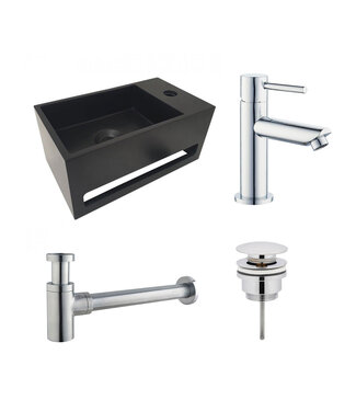 Fonteinset Sima Chroom Solid Surface Mat Zwart Rechts 35.6x20.3x15.9cm Toiletkraan Hendel Clickwaste Sifon Chroom