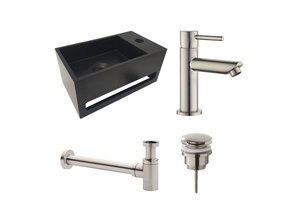 Fonteinset Sima Solid Surface Mat Zwart Rechts 35.6x20.3x15.9cm Toiletkraan Hendel Clickwaste Sifon Geborsteld RVS