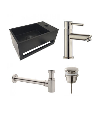 Fonteinset Sima Solid Surface Mat Zwart Rechts 35.6x20.3x15.9cm Toiletkraan Hendel Clickwaste Sifon Geborsteld RVS