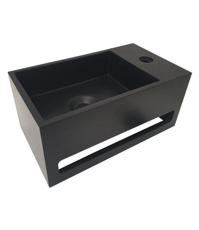 Fonteinset Sima Solid Surface Mat Zwart Rechts 35.6x20.3x15.9cm Toiletkraan Hendel Clickwaste Sifon Geborsteld RVS