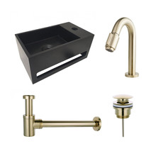 Fonteinset Sima Geborsteld Goud Solid Surface Mat Zwart Rechts 35.6x20.3x15.9cm Toiletkraan Knop Clickwaste Sifon Geborsteld Goud