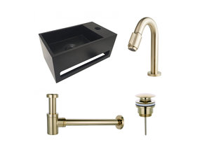 Fonteinset Sima Geborsteld Goud Solid Surface Mat Zwart Rechts 35.6x20.3x15.9cm Toiletkraan Knop Clickwaste Sifon Geborsteld Goud