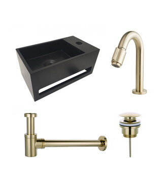 Fonteinset Sima Geborsteld Goud Solid Surface Mat Zwart Rechts 35.6x20.3x15.9cm Toiletkraan Knop Clickwaste Sifon Geborsteld Goud