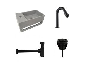 Fonteinset Sima Mat Zwart/Betonlook Solid Surface Links 35.6x20.3x15.9cm Toiletkraan Knop Clickwaste Sifon