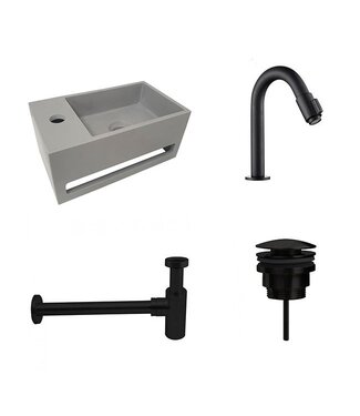 Fonteinset Sima Mat Zwart/Betonlook Solid Surface Links 35.6x20.3x15.9cm Toiletkraan Knop Clickwaste Sifon
