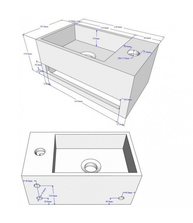 Fonteinset Sima Mat Zwart/Betonlook Solid Surface Links 35.6x20.3x15.9cm Toiletkraan Knop Clickwaste Sifon