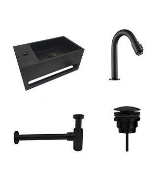 Fonteinset Sima Mat Zwart Solid Surface Links 35.6x20.3x15.9cm Toiletkraan Knop Clickwaste Sifon