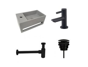 Fonteinset Sima Solid Surface Links Mat Zwart/Betonlook 35.6x20.3x15.9cm Toiletkraan Hendel Clickwaste Sifon